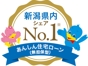 新潟県内シェアNO.1あんしん住宅ローン　※日本金融通信社（日本金融：ニッキン）・新潟支局調べ。新潟県内に本社を置く金融機関の個人向けローン種類別残高調査から（2022年12月期）